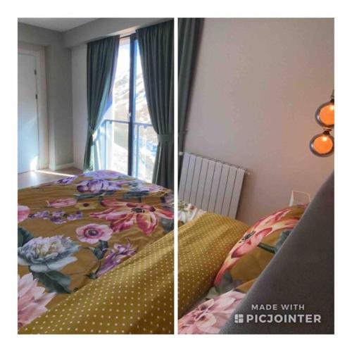 two pictures of a bedroom with a bed and a window at Duplex in four seasons new gudauri near gondola in Gudauri