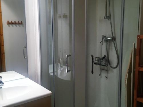 La salle de bains est pourvue d'une douche et d'un lavabo. dans l'établissement Duplex 10 pers, 4 ch, skis aux pieds, balcon, wifi, vue pistes - FR-1-504-10, à Saint-Étienne-en-Dévoluy