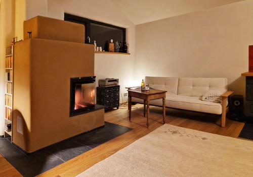 a living room with a couch and a fireplace at Holzhaus mit Kamin - Am Forellenfluss 