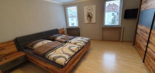 ein Schlafzimmer mit einem Bett und zwei Fenstern in der Unterkunft Ferienwohnung Bronder in Homburg