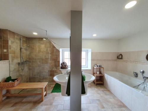 ein Badezimmer mit einer Badewanne, einem Waschbecken und einer Badewanne in der Unterkunft Landhaus Oberlausitz in Malschwitz