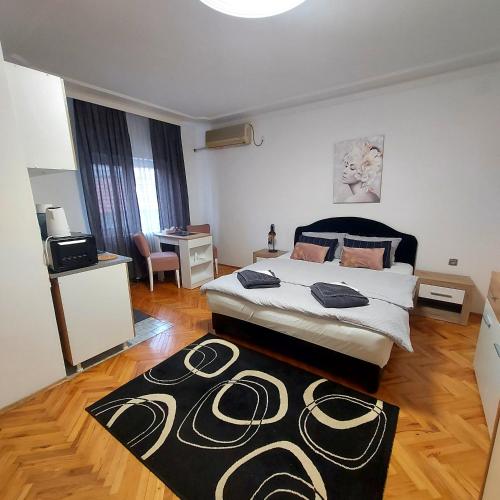 1 dormitorio con cama grande y alfombra negra en Smestaj Bane en Novi Sad