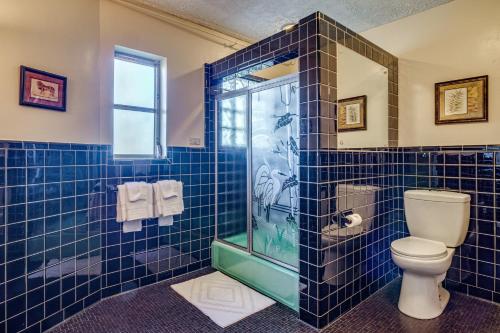 ein blau gefliestes Bad mit einem WC und einer Dusche in der Unterkunft Ledge Lodge Burkesville Getaway Pool and Views! in Burkesville