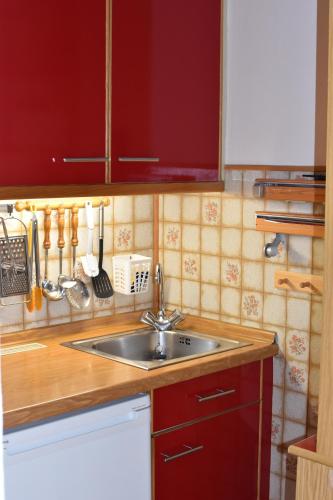 een keuken met een wastafel en rode kasten bij Ferienwohnung Eule in Parcines