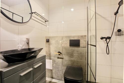 W łazience znajduje się umywalka i prysznic. w obiekcie Apartament Retro Styl w mieście Ustrzyki Dolne