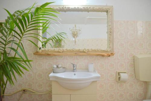 uma casa de banho com um lavatório, um espelho e uma planta em L'olivier Milos em Plaka