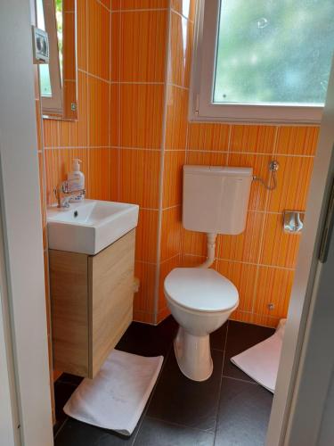 baño con aseo y lavabo y ventana en Hotel Bio, en Koper