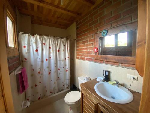 a bathroom with a sink and a shower curtain at Casa de campo rústica en Cuenca in Cuenca