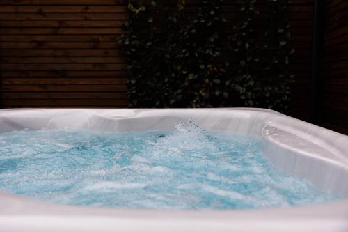 d'une baignoire avec de l'eau bleue. dans l'établissement Logis Domaine du Moulin Cavier, à Avrillé