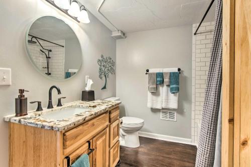 a bathroom with a sink and a toilet and a mirror at Colorado Studio Near the Denver Zoo with Fire Pit! in Lakewood