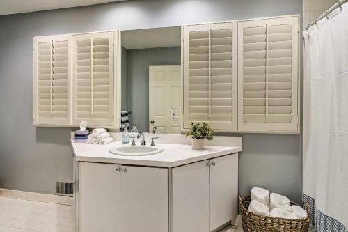 a bathroom with a sink and a mirror at Spacious Rochester Home with Heated Pool and Hot Tub! in Rochester