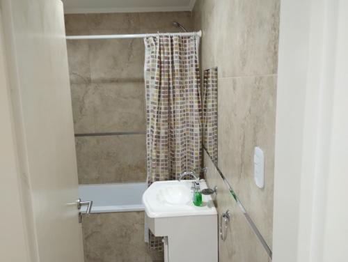 een badkamer met een wastafel en een douche bij El Descanso 3 in Tandil