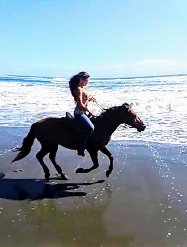 a woman riding a horse on the beach at Blue Maverick Retreat - Secluded Nature Escape - 4WD Access Required in Cocles