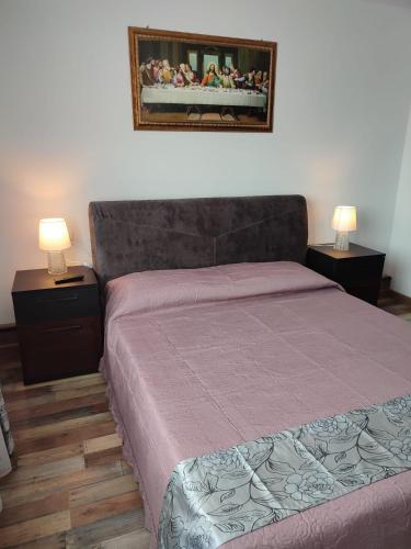 a bedroom with a bed and two night stands with lamps at APARTAMENT HD ELI in Hunedoara