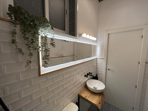 bagno con lavandino, servizi igienici e specchio di Patiovecino Apartment Centro de Cádiz a estrenar a Cadice