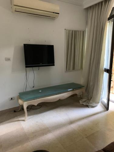 ein Wohnzimmer mit einer Bank und einem Flachbild-TV in der Unterkunft Ground Floor Studio With Garden in Sheikh Zayed