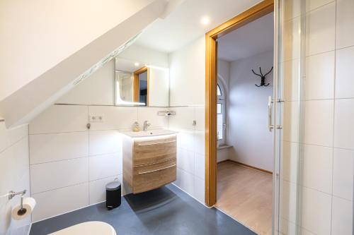 La salle de bains est pourvue d'un lavabo et de toilettes. dans l'établissement Ferienwohnung mit Kuschelflair, à Essen