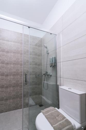 a bathroom with a glass shower with a toilet at Matala Prime Villas in Matala