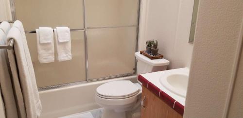 ein Bad mit einem WC, einer Dusche und einem Waschbecken in der Unterkunft Desert Hillside Lodge 25 mins from Sedona in Cornville