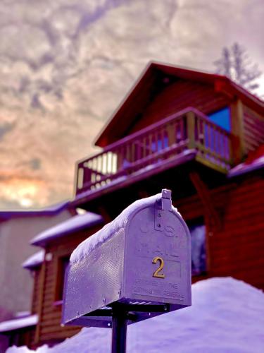 a purple parking meter in front of a house at Leonardo Guesthouse in Świeradów-Zdrój