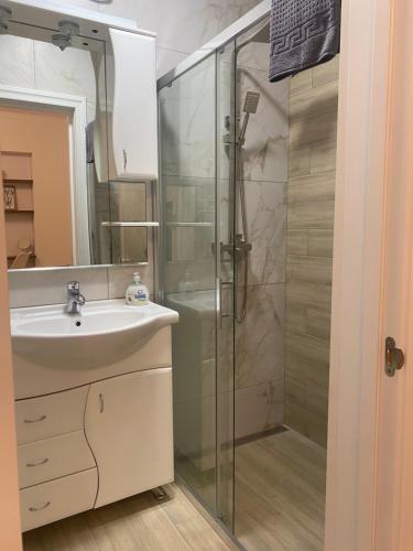 een badkamer met een glazen douche en een wastafel bij Apartments in Pyrogovo in Vinnytsya