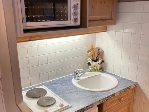 un comptoir de cuisine avec un évier et un micro-ondes dans l'établissement Charmant Studio en Duplex pour 4 pers. - Accès pistes & proche Aquariaz - FR-1-634-32, à Avoriaz
