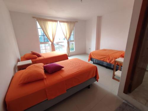1 dormitorio con 2 camas con sábanas de color naranja y ventana en PELICAN TOURS, en Puerto Baquerizo Moreno