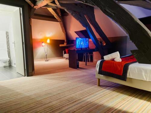 a bedroom with a bed and a tv in a room at Au Coeur Des Bulles in Loches-sur-Ource