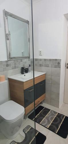 a bathroom with a toilet and a sink and a mirror at Casa cu Dor in Viştea de Sus