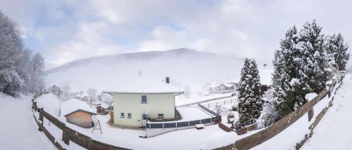 a building covered in snow next to a fence at Haus Raich in Arzl im Pitztal