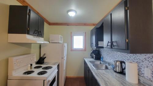 a kitchen with black cabinets and a white refrigerator at Codroy Valley Cottage Country in Doyles
