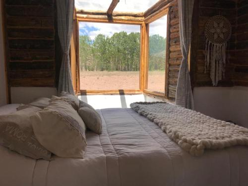 Cama en habitación con ventana grande en FINCA LA PAZ en Uspallata