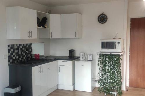 une cuisine avec des armoires blanches et un micro-ondes dans l'établissement à 7 min de Paris, 2 pièces 