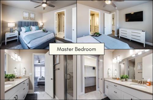un collage de cuatro fotos de un dormitorio principal en Escondido 2343 & 2355 Retreat Connected homes with 10 Bedrooms, sleeps 40, and endless amenities!, en Washington