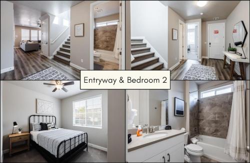 un collage de fotos de un dormitorio y un baño en Escondido 2343 & 2355 Retreat Connected homes with 10 Bedrooms, sleeps 40, and endless amenities!, en Washington
