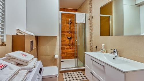 a bathroom with a sink and a toilet and a shower at Apartament 47 z Basenem i SPA - 5D Apartments in Szklarska Poręba