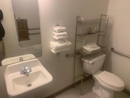 a bathroom with a sink and a toilet and a mirror at Quality Inn Yuba City-Marysville in Yuba City