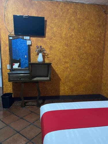 a room with a bed and a mirror and a tv at GRUPO MARMIL 