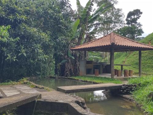 a gazebo next to a pond in a garden at Chalés do Pardal in Visconde De Maua