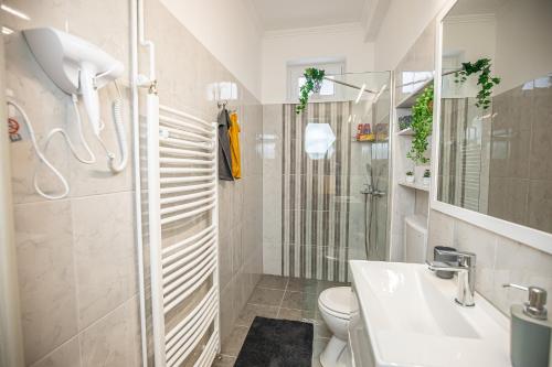 ein Bad mit einer Dusche, einem WC und einem Waschbecken in der Unterkunft Cent-room apartman Ada in Ada
