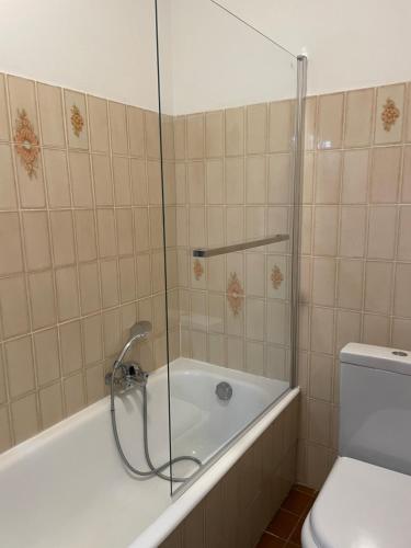 アジャクシオにあるStudio Résidence Des ilesのバスルーム(シャワー、バスタブ、トイレ付)