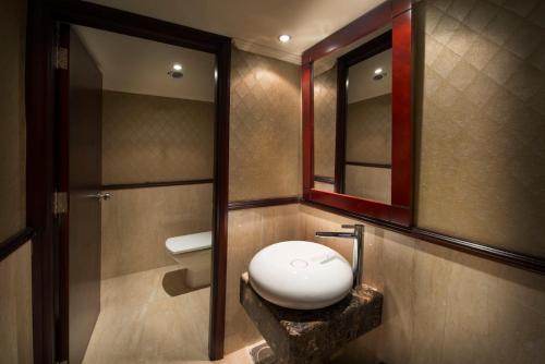 ein Bad mit einem WC und einem Spiegel in der Unterkunft Nile Cruise 3 & 4 & 7 Nights included abo Simbel tour in Luxor