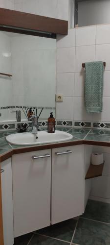 uma cozinha branca com um lavatório e um balcão em Great apartment for families em Garðabær