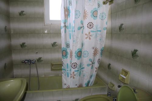 baño con aseo verde y cortina de ducha en Anastassia OG, en Koroni