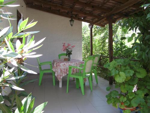 a patio with a table and chairs and plants at Nikos 5 in Kakóvatos