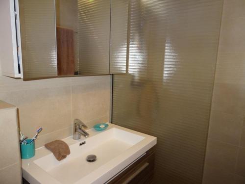 une salle de bain avec un lavabo et une douche dans l'établissement Appartement T2 + cabine climatisé, proche plage et commerces, Hyères Port - FR-1-335-172, à Hyères