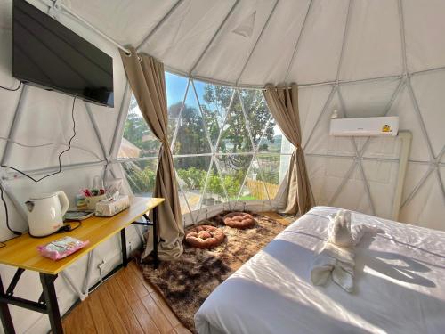 a bedroom with a tent with a bed and a desk at ดูดาวแคมป์ริมโขง in Chiang Khan