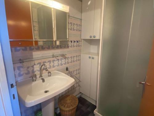une salle de bain avec un lavabo et un miroir dans l'établissement Studio cosy 4 pers, plage à pied, parking gratuit Port Camargue - FR-1-250-176, au Grau-du-Roi