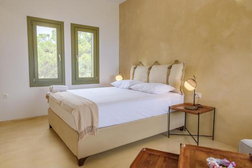 a bedroom with a large bed and two windows at Agrielia Studios Katigiorgis, Agios Georgios in Agios Georgios