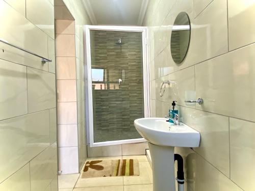 baño con lavabo, ducha y ventana en Protea Guesthouse en Newcastle